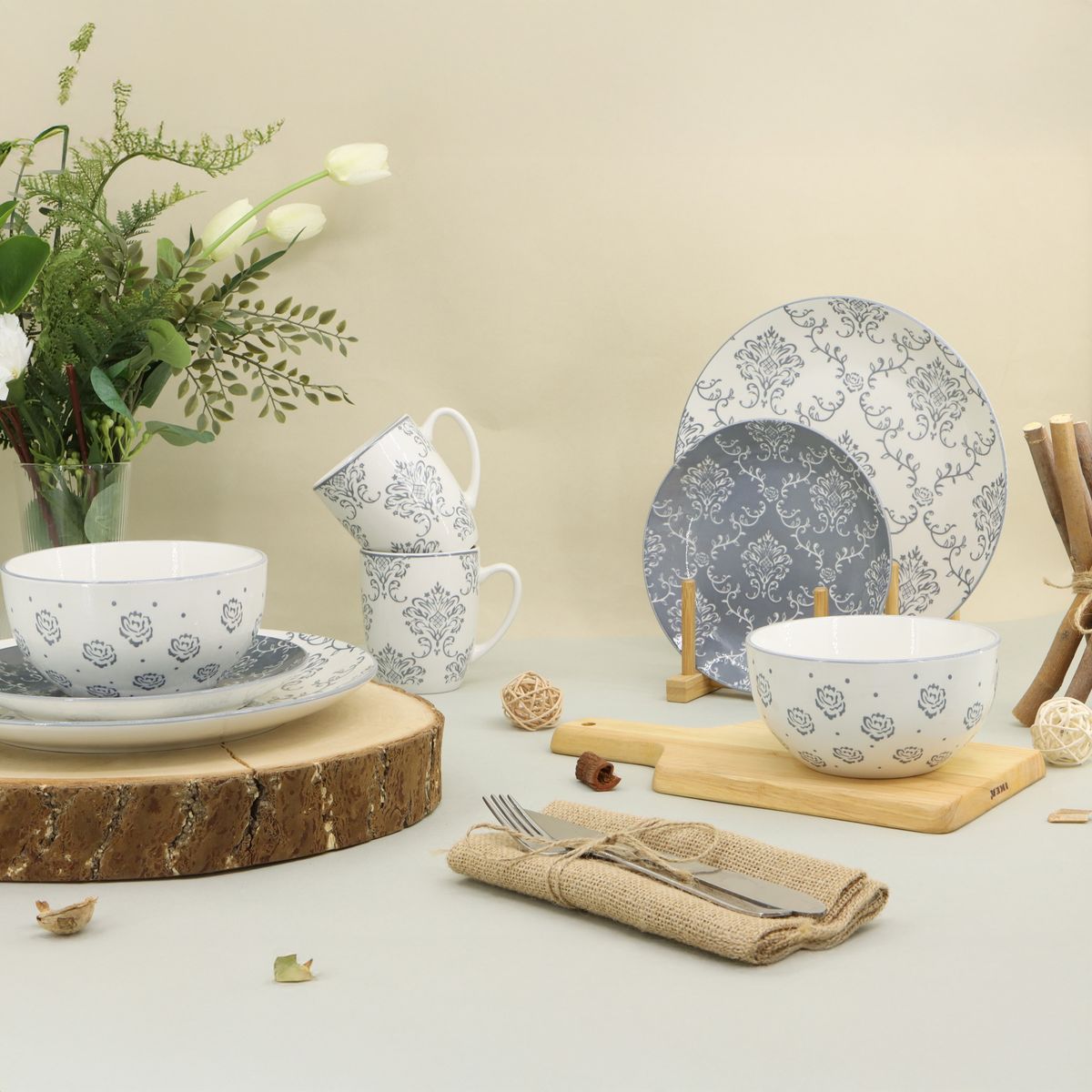 JUST HOME COLLECTION - Juego de Vajilla 16 Piezas Porcelana Milan Gris/Blanco