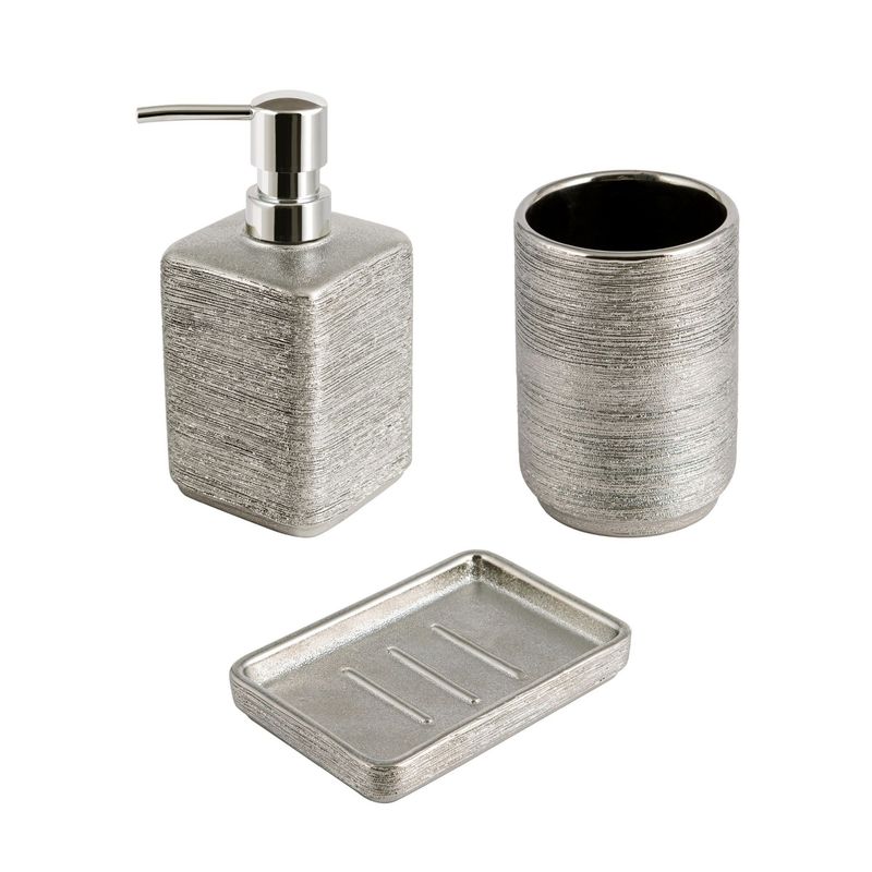 JUST HOME COLLECTION - Dispensador de Jabón Striation Plata Plateado + Jabonera Striation Plata Plateado + Vaso Striation Plateado