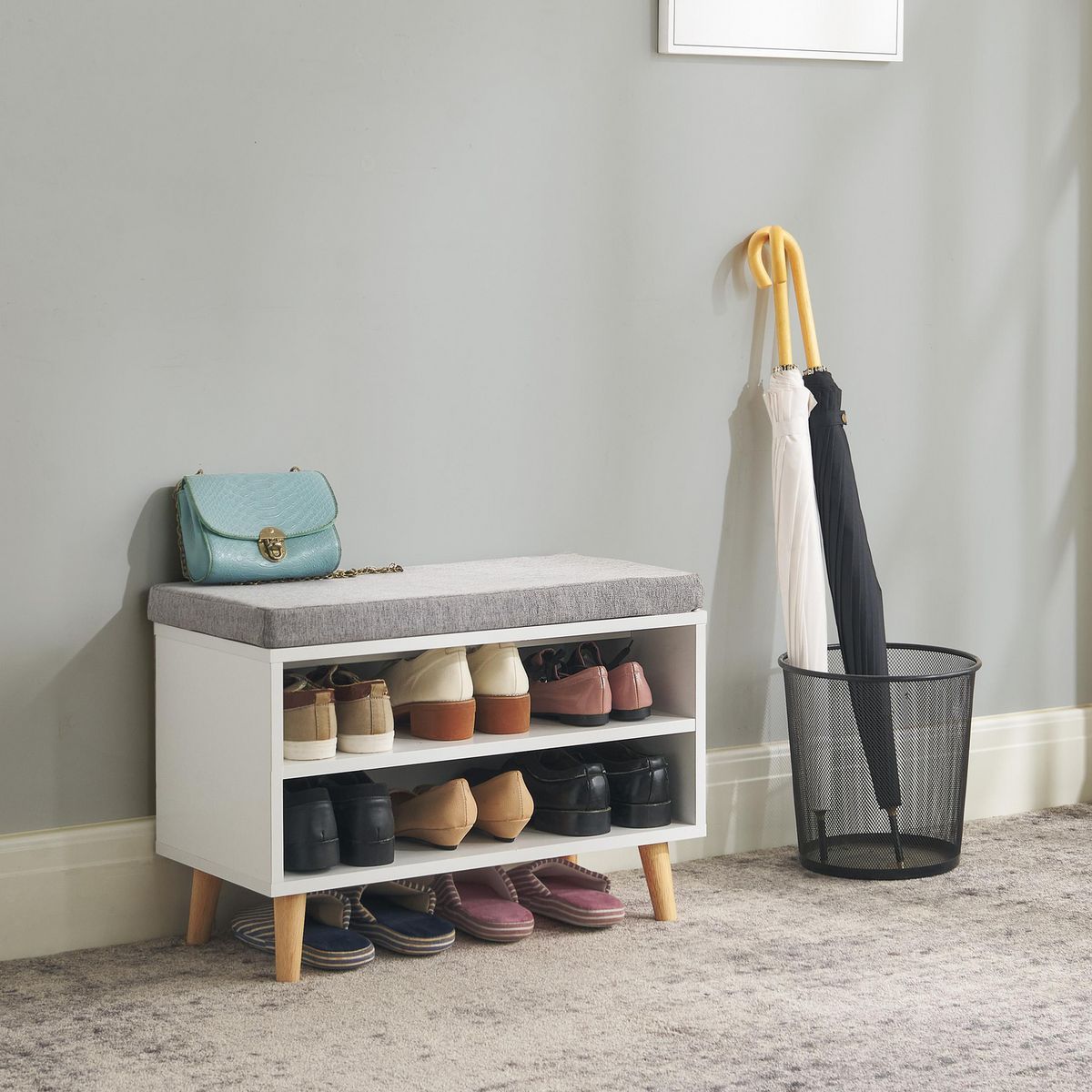 JUST HOME COLLECTION - Zapatero Banca sin Puerta 2 Niveles 60x43.3x30 cm Melamina Blanco/Gris