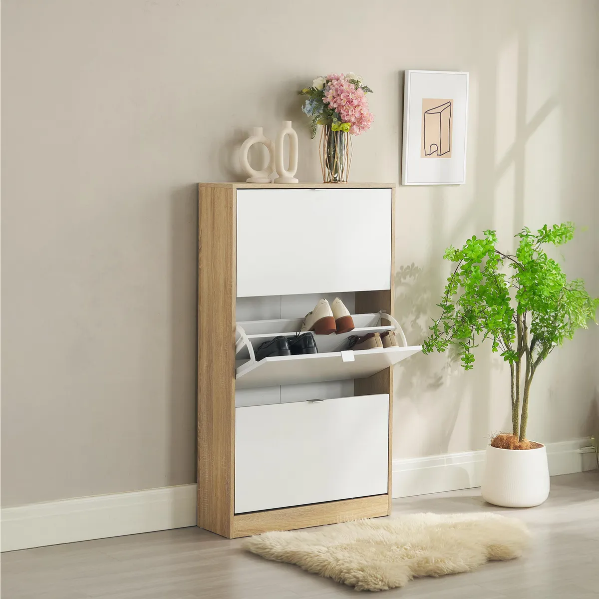 JUST HOME COLLECTION - Zapatero 3 Puertas 70.4x125.2x24 cm Melamina Blanco/Roble