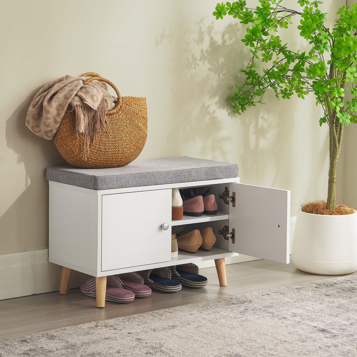 JUST HOME COLLECTION - Zapatero Banca con Puerta 60x43.3x30 cm Melamina Blanco/Gris