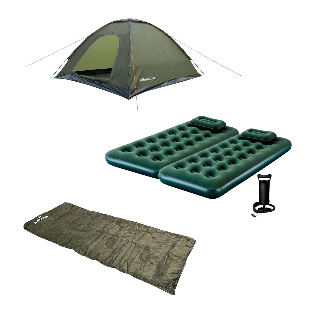 KLIMBER - Carpa Dome 6 Personas Oliva + Combo 2 Colchones Inflables 1 Plaza Klimber + 2 Almohadas + Inflador + Bolsa de Dormir Basic Verde