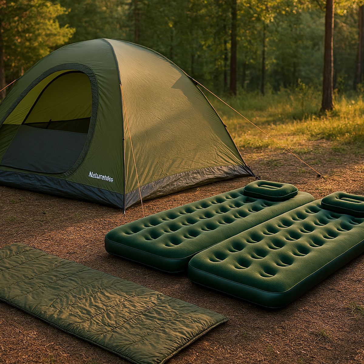 KLIMBER - Carpa Dome 6 Personas Oliva + Combo 2 Colchones Inflables 1 Plaza Klimber + 2 Almohadas + Inflador + Bolsa de Dormir Basic Verde