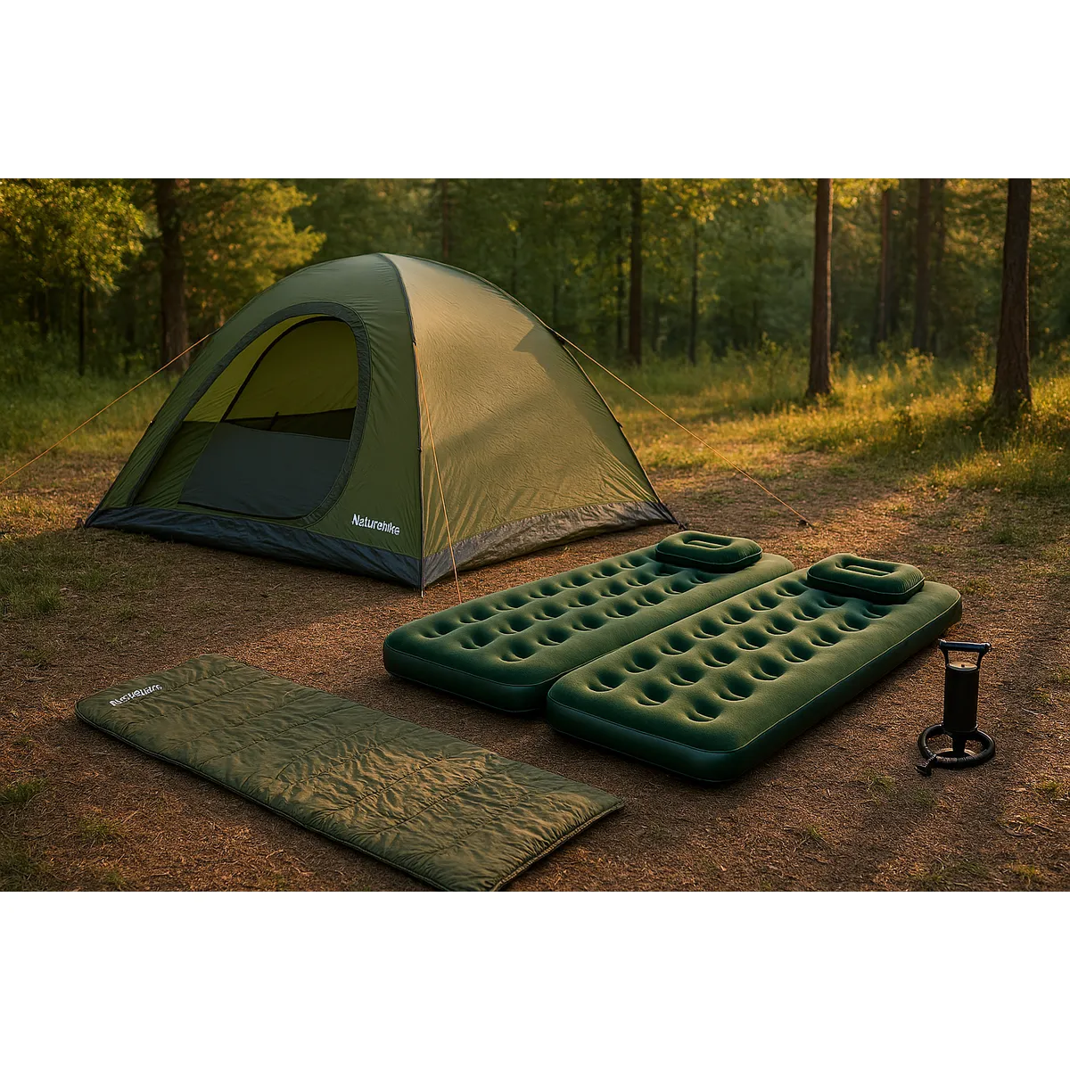 KLIMBER - Carpa Dome 6 Personas Oliva + Combo 2 Colchones Inflables 1 Plaza Klimber + 2 Almohadas + Inflador + Bolsa de Dormir Basic Verde