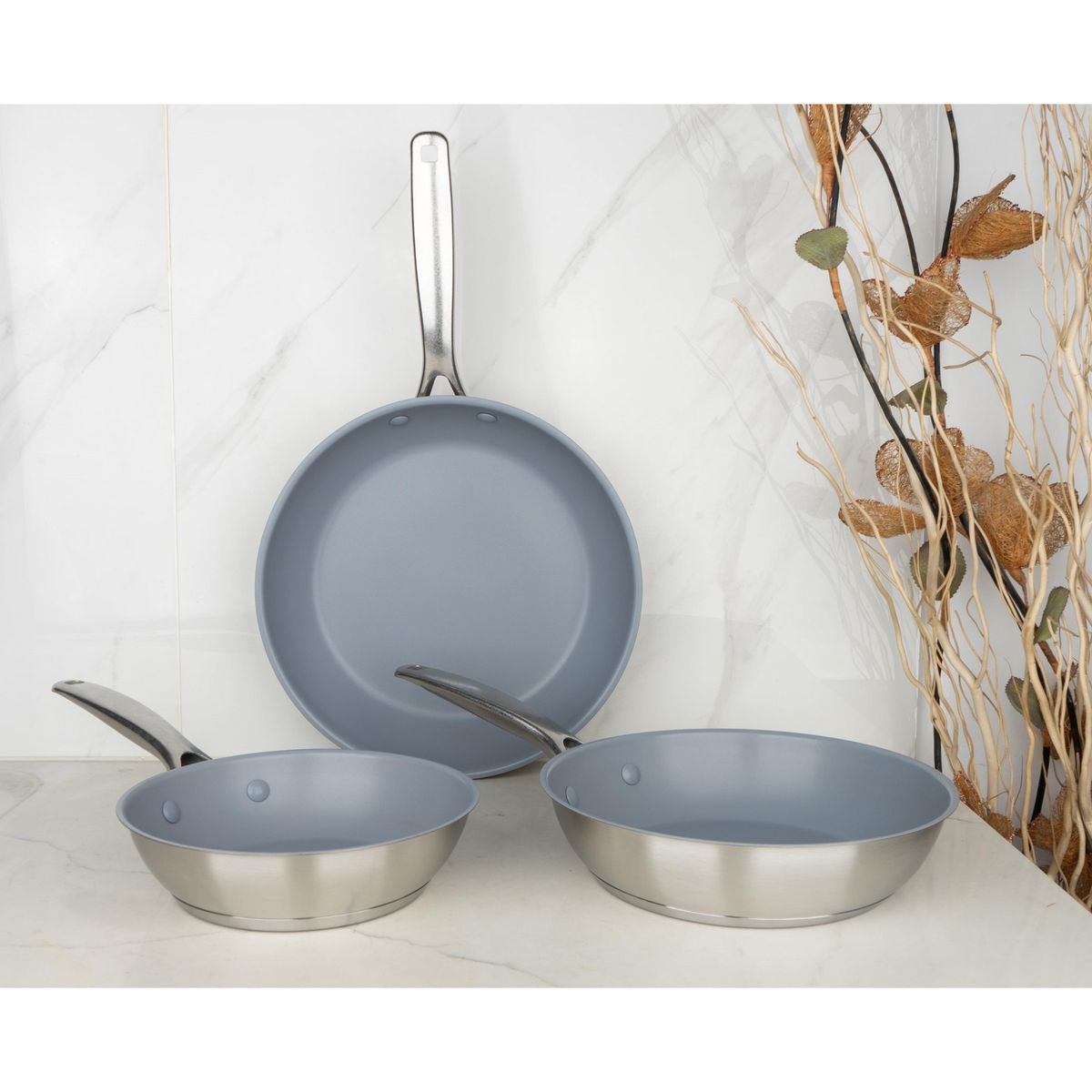 JUST HOME COLLECTION - Set de 3 piezas de sartén de acero inoxidable (20/24/28 cm)