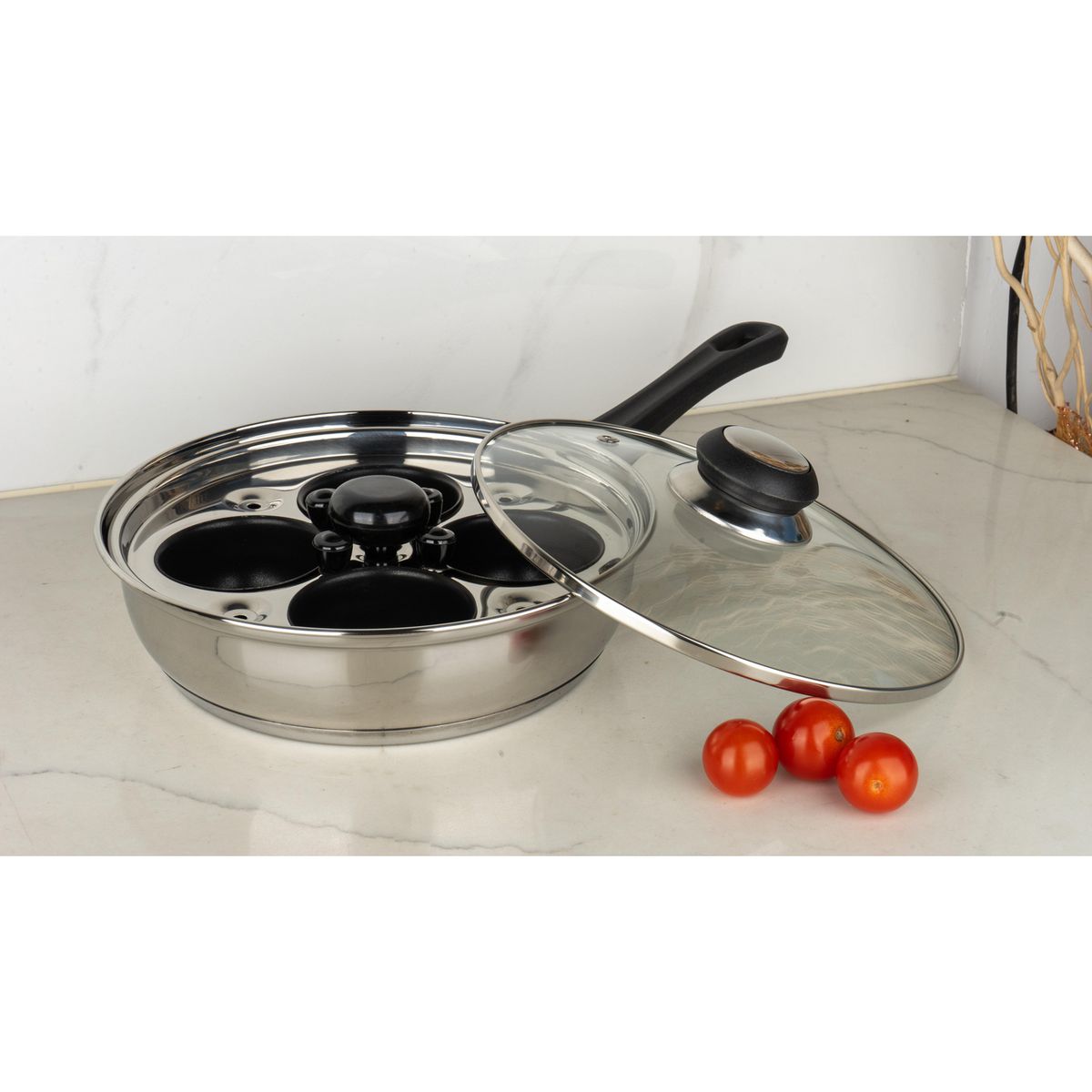 JUST HOME COLLECTION - Sartén con 4 moldes para huevo, tapa de vidrio