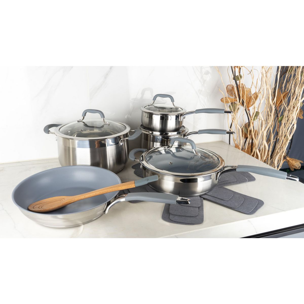 JUST HOME COLLECTION - Set de Batería de Cocina Genoa 14 Piezas Acero Inoxidable Plateado