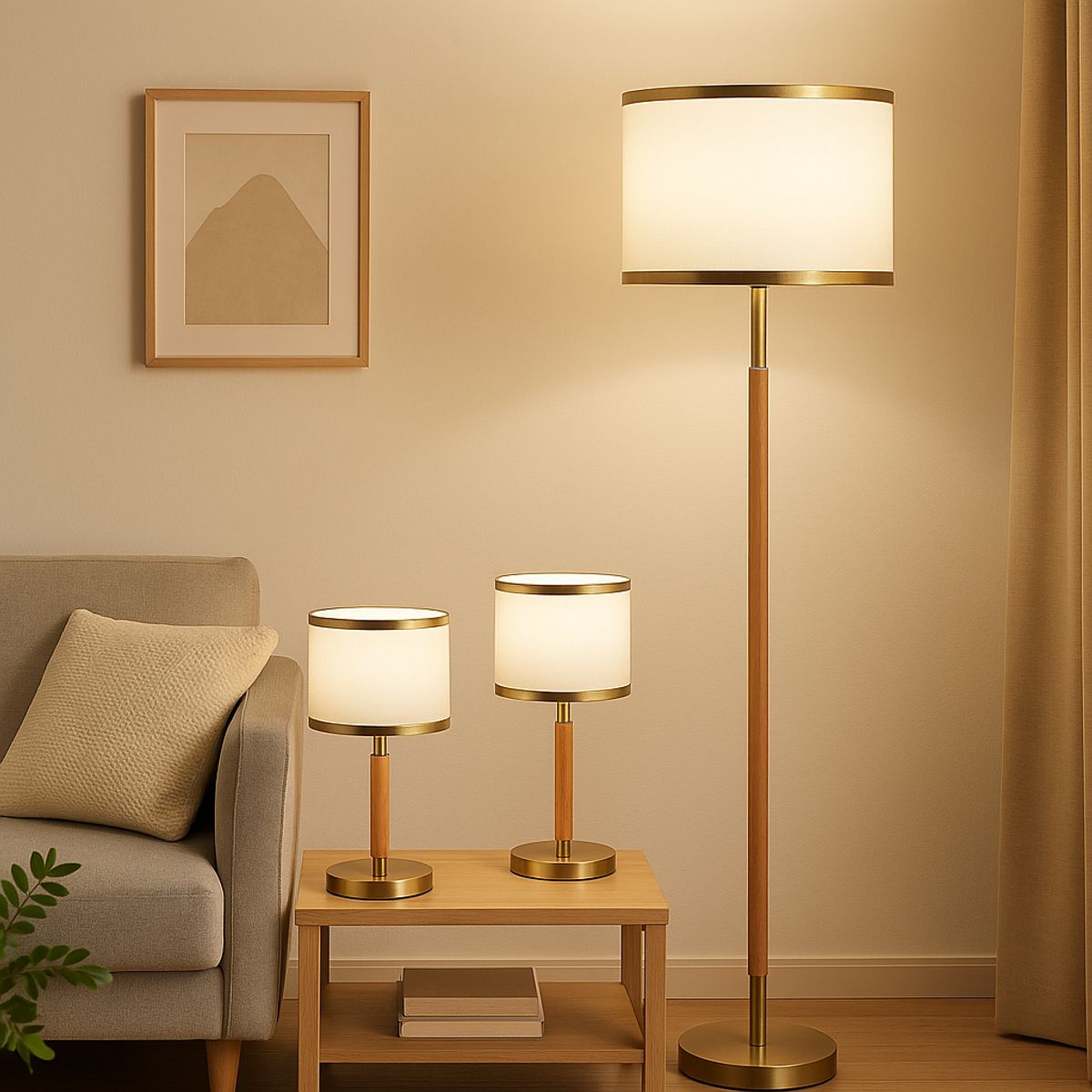 JUST HOME COLLECTION - Set de 3 Lámparas de Mesa y Pie Skiv 3L E27 Amarillo/Dorado 40x158 cm