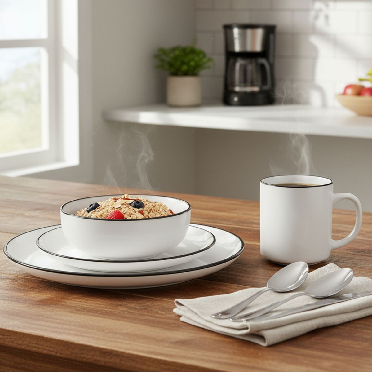 JUST HOME COLLECTION - Juego de Vajilla 16 Piezas de Porcelana Camellia Blanco y Negro