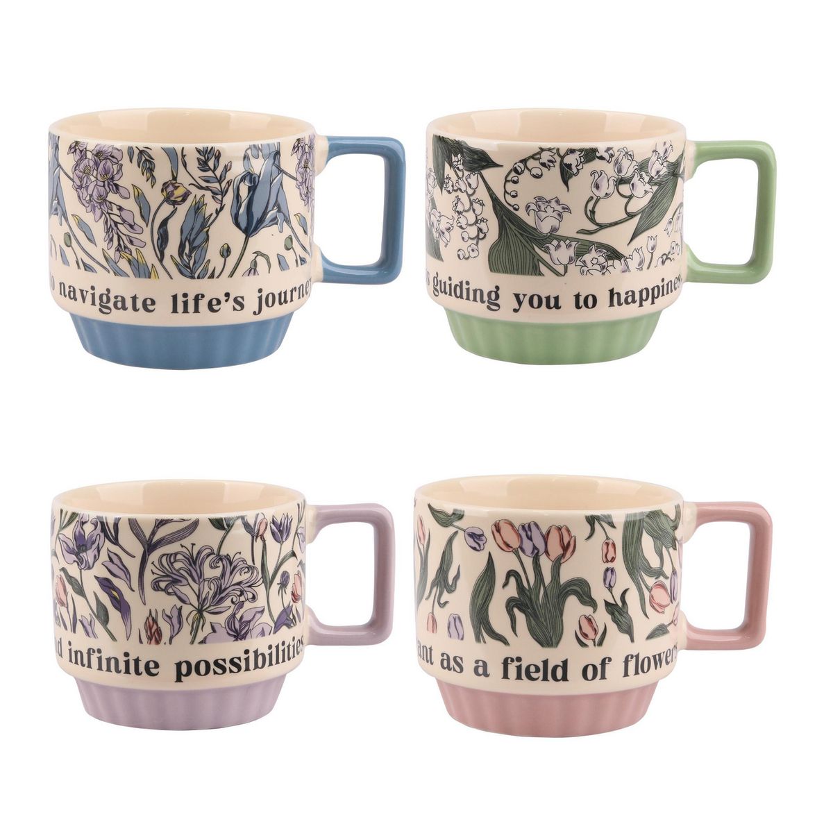 JUST HOME COLLECTION - Set x4 Tazas 350 ml con Rack Metálico Surtidas