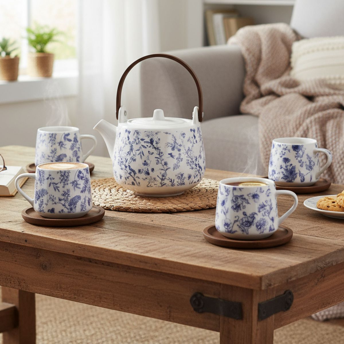 JUST HOME COLLECTION - Juego de Tetera con 4 Tazas y Base de Bambú