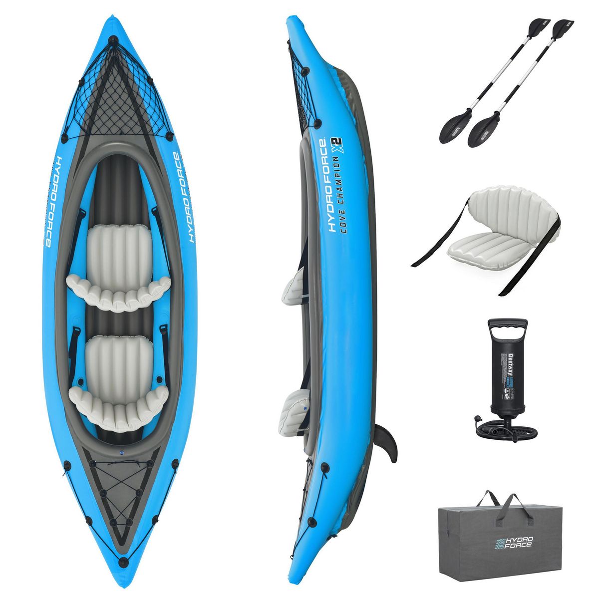 BESTWAY - Set de Kayak Inflable Doble 331x88 cm 2 Personas Azul y Gris