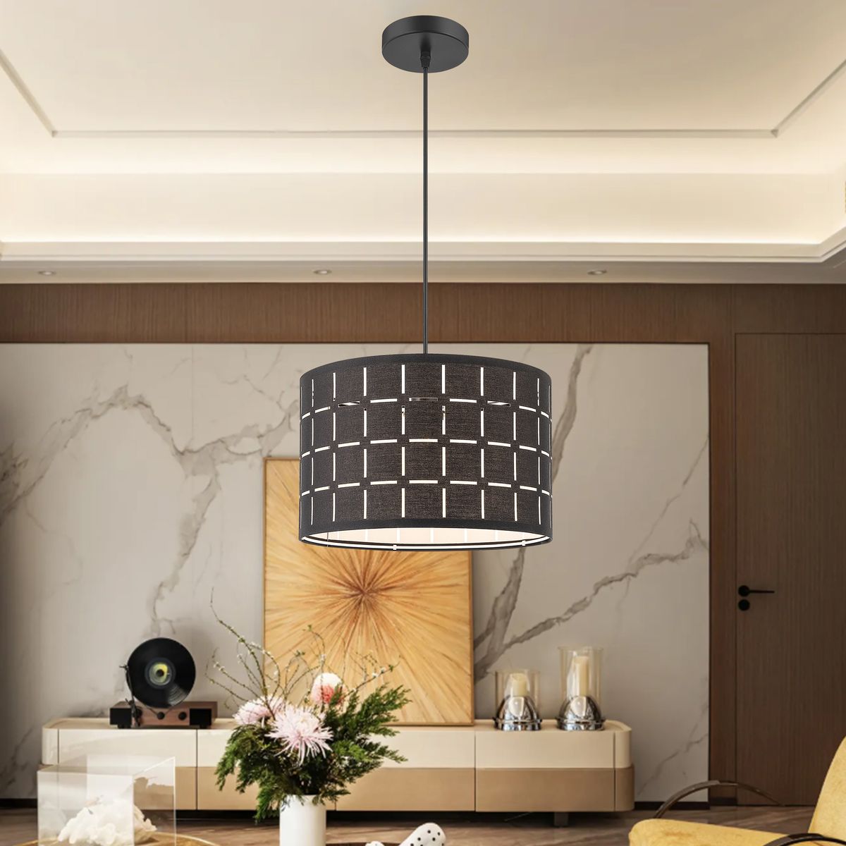 JUST HOME COLLECTION - Lámpara Colgante de Techo 1 Luz Tela Negra