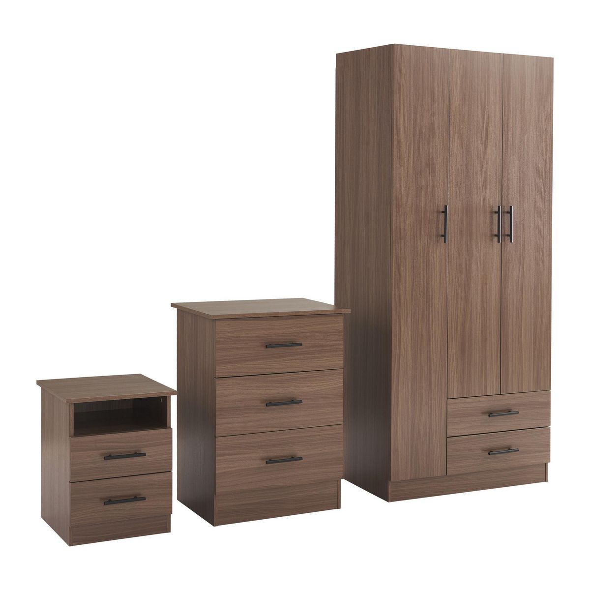 JUST HOME COLLECTION - Combo Ropero 3 Puertas 2 Cajones + Cómoda 3 Cajones + Velador 2 Cajones Río Café Oscuro