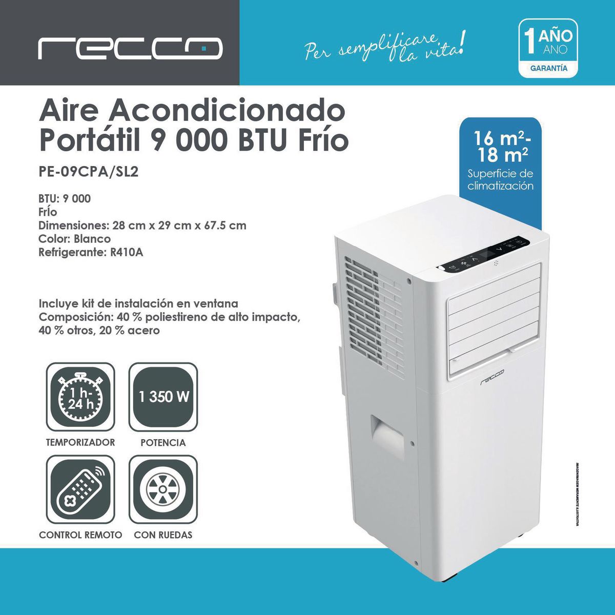 RECCO - Aire Acondicionado Portátil 9000 BTU Frío Blanco