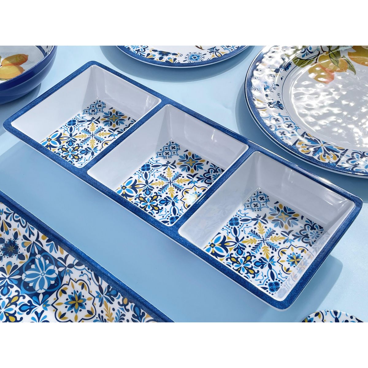 JUST HOME COLLECTION - Bandeja 3 Divisiones Azul Limón 37x15cm