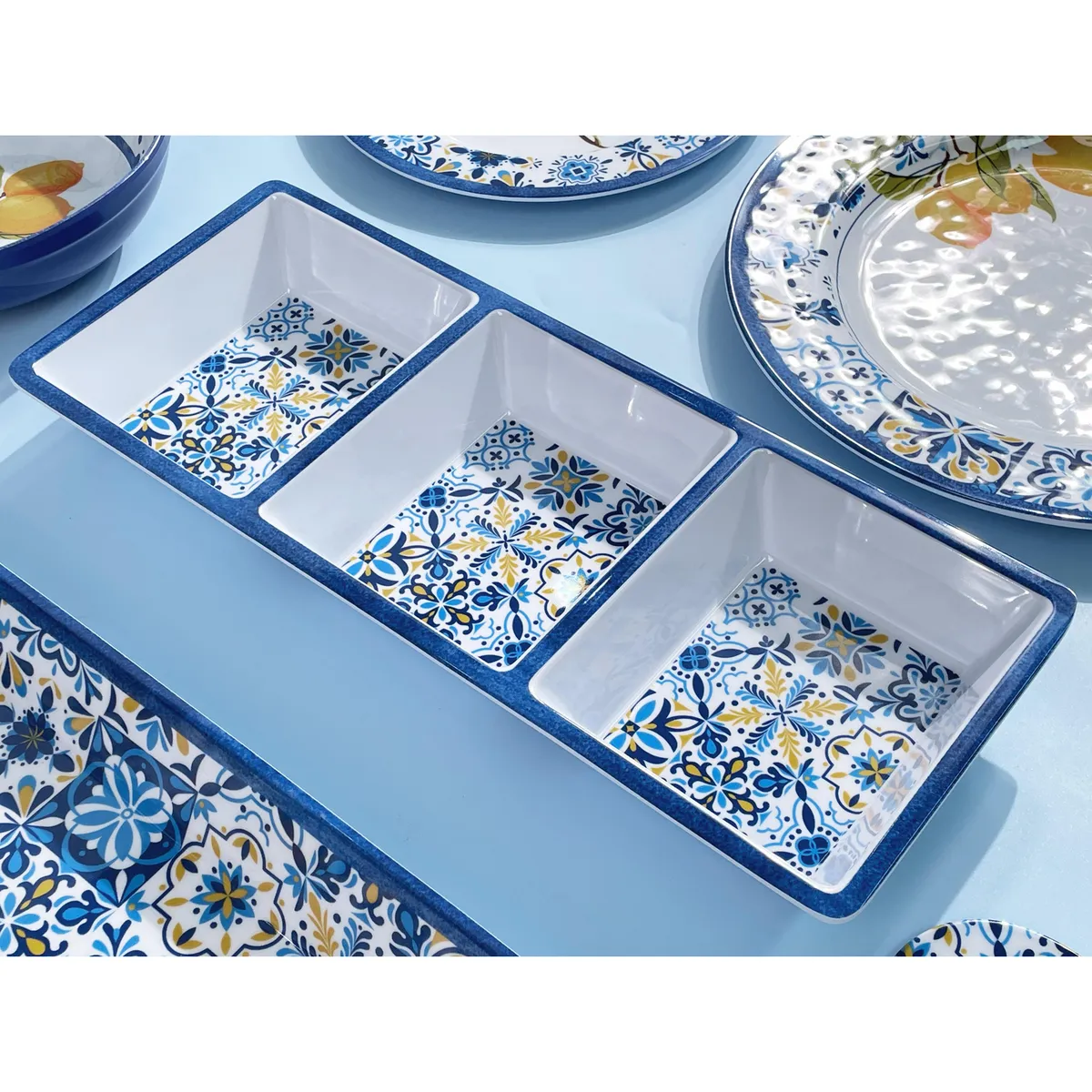 JUST HOME COLLECTION - Bandeja 3 Divisiones Azul Limón 37x15cm