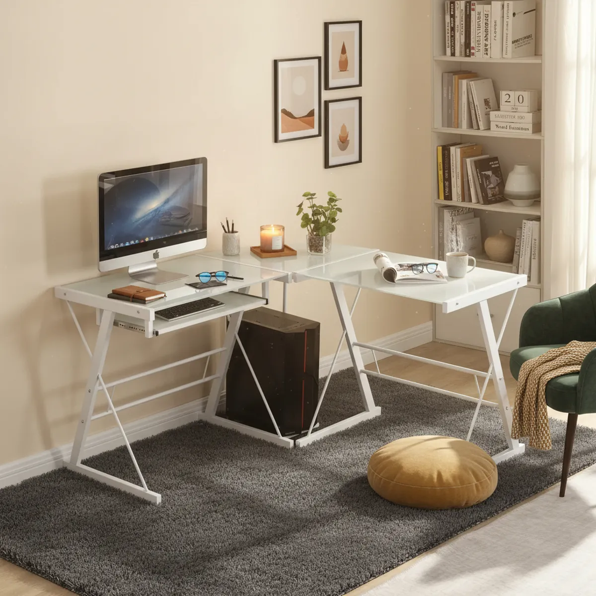 JUST HOME COLLECTION - Escritorio L de Vidrio 120x73x50cm Blanco