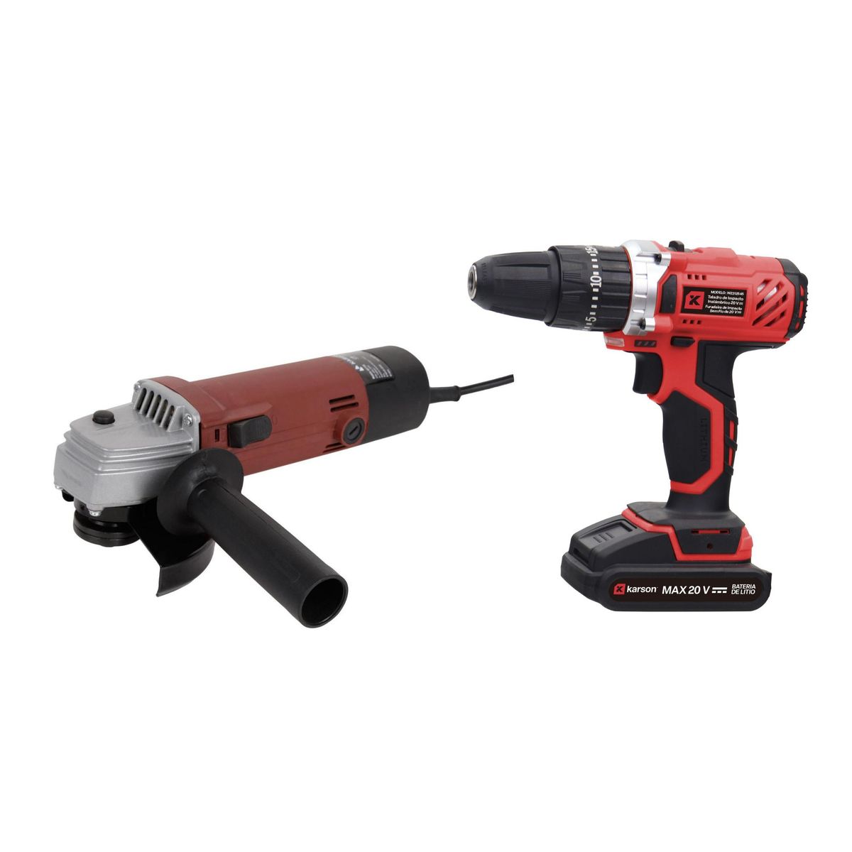 KARSON - Taladro Percutor 20V + 27 Piezas + 2 Baterías Karson + Amoladora Angular Eléctrica Karson  4-1/2" 500W