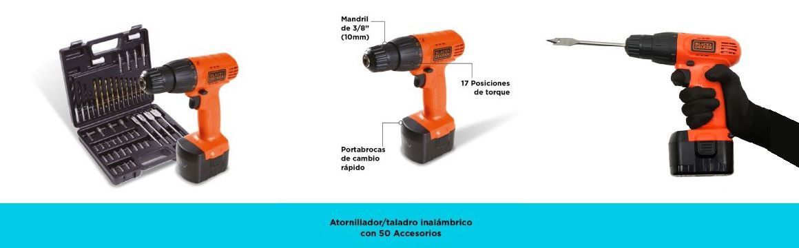 Taladro, Atornillador, 12V, Black&Decker, plástico, madera, portabrocas, brocas, herramientas, inalámbricas, recargable, batería, CD121K51
