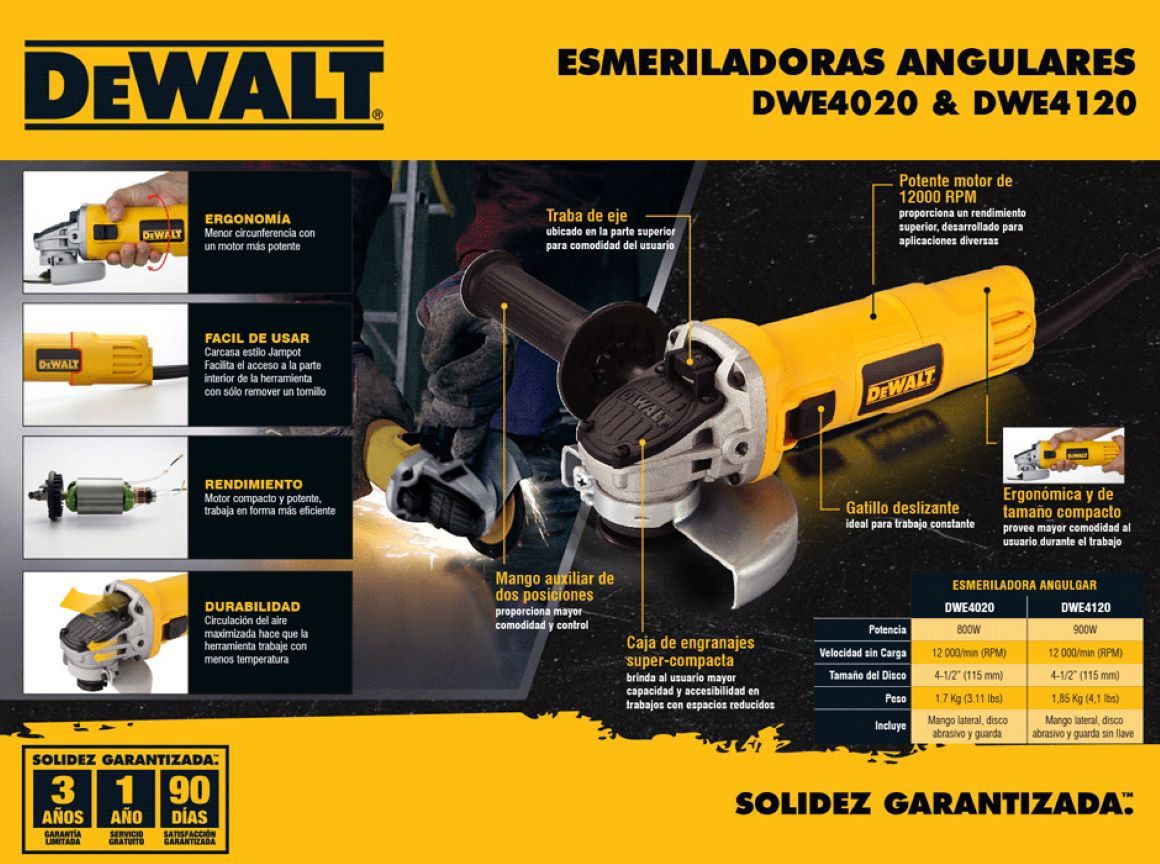 Esmeril, esmeriles, herramientas, electricas, Dewalt, potencia, desbaste, soldadura, corte, removedora, remover, limpieza, ´piezas metálicas, DWE4020, 800W