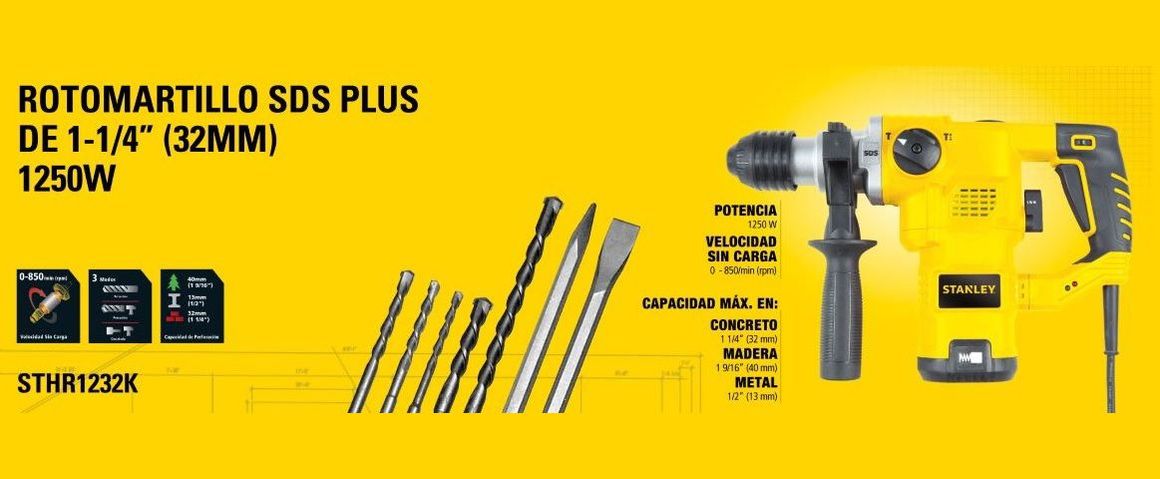 Rotomartillos, rotomartillo, SDS PLUS, STANLEY, 1250W, rotación, percusión, cincelado, 5 brocas, cincell, maleta, STHR1232K 