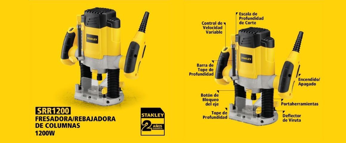 Ruteadora, fresadora, rebajadora, Stanley, desbaste, fresado, madera, instalación bisagras, fresar, rebajar, 1200W