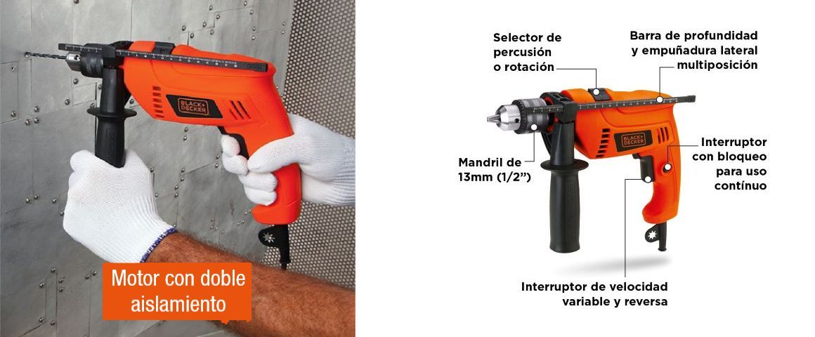 Taladro percutor Black&Decker HD555K con maleta y empuñadura