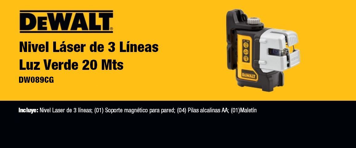 NIVEL LASER, LUCES, VERDES, 3 LINEAS, 3 HACES VERDES, LUZ, LINEAS, BASE MAGNETICA, DEWALT,DW089CG