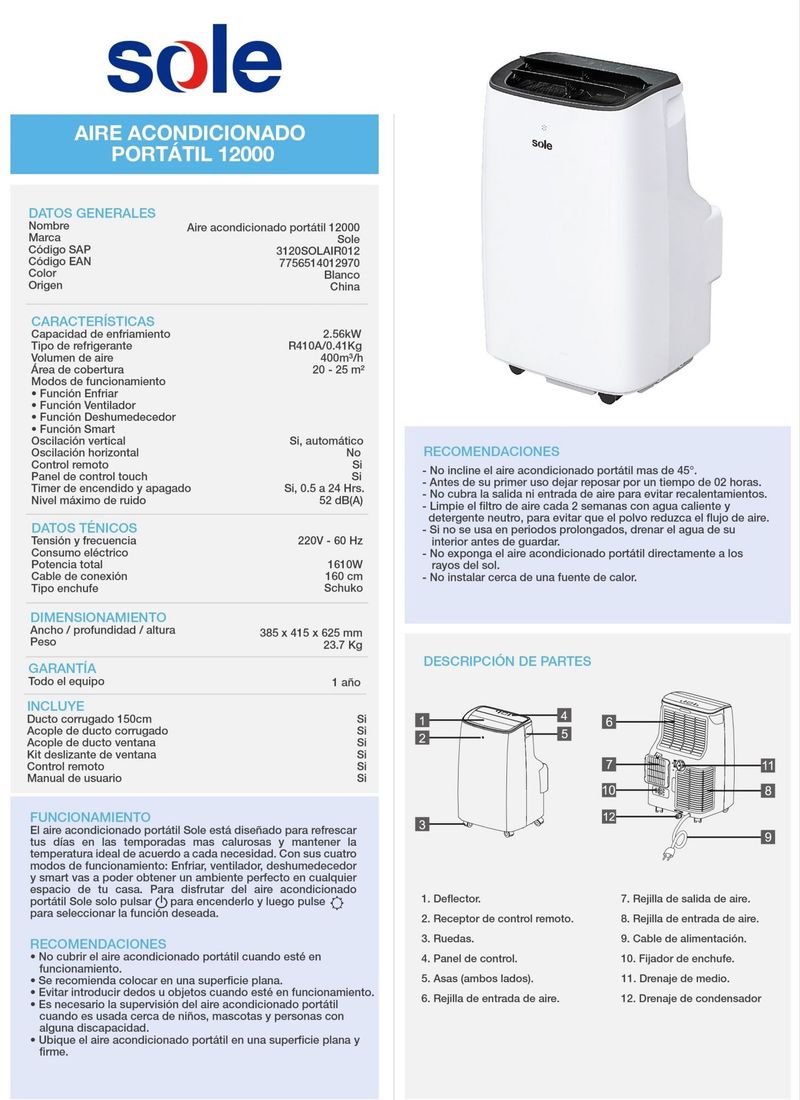 Aire Acondicionado Portátil 12KBTU Sole Ventilación