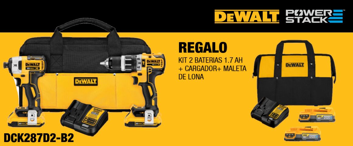 Combo, Kit, Atornillador,atornillador de impacto,ATOMIC,taladros, taladro percutor, baterías, 20V,20V MAX, cargador, DCK287-B2, DEWALT, herramientas inalámbricas, inalámbrico,REGALO, KIT, BATERIA, 1.7 AH, cargador; DCBP034E2;DEWALT