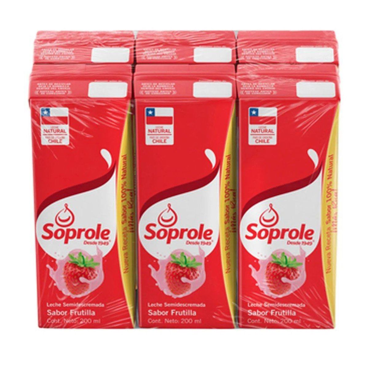 SOPROLE - Pack Leche Semi Descremada Soprole Sabor Frutilla 6 x 200 ml