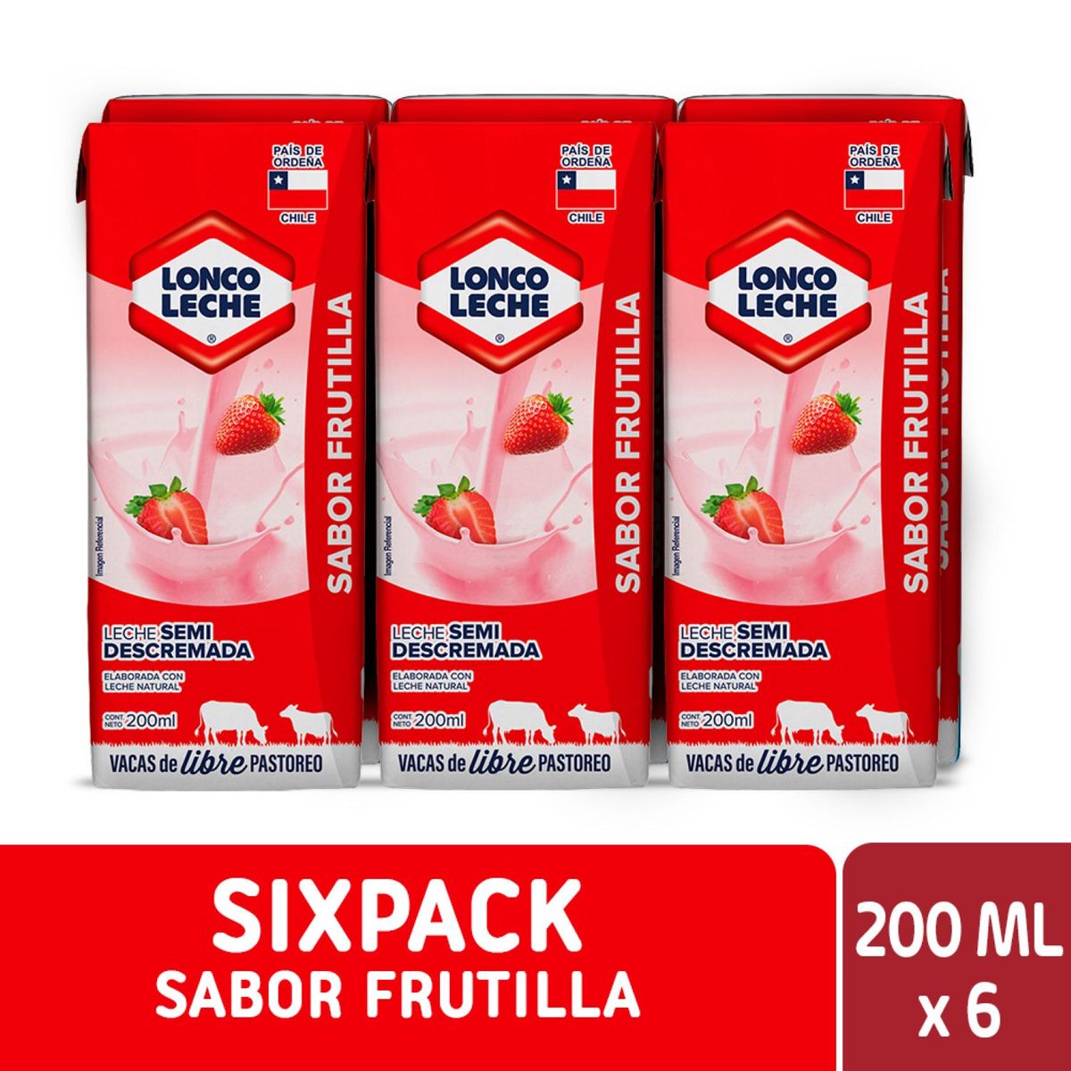 LONCOLECHE - Leche Semidescremada Loncoleche Sabor Frutilla 6 x 200 ml