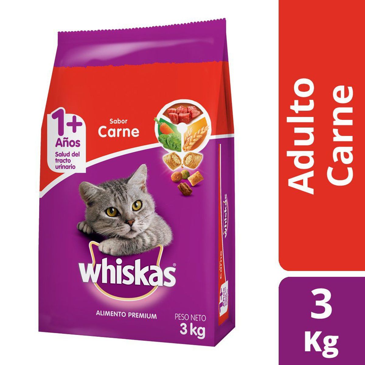 WHISKAS - Alimento para Gato Edad 1+ Sabor Carne Whiskas 3 Kg