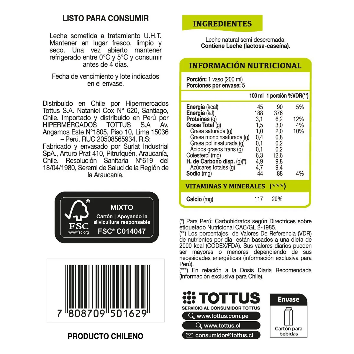 TOTTUS - Leche Semidescremada Natural
