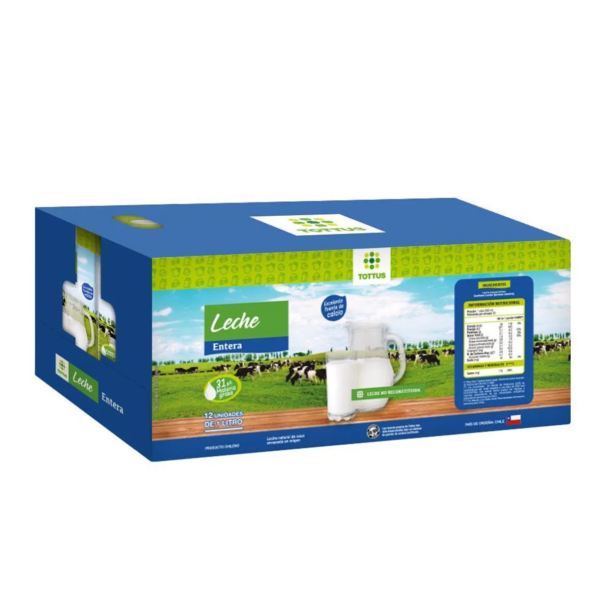 TOTTUS - Pack Leche Entera Natural Tottus 12 x 1 L