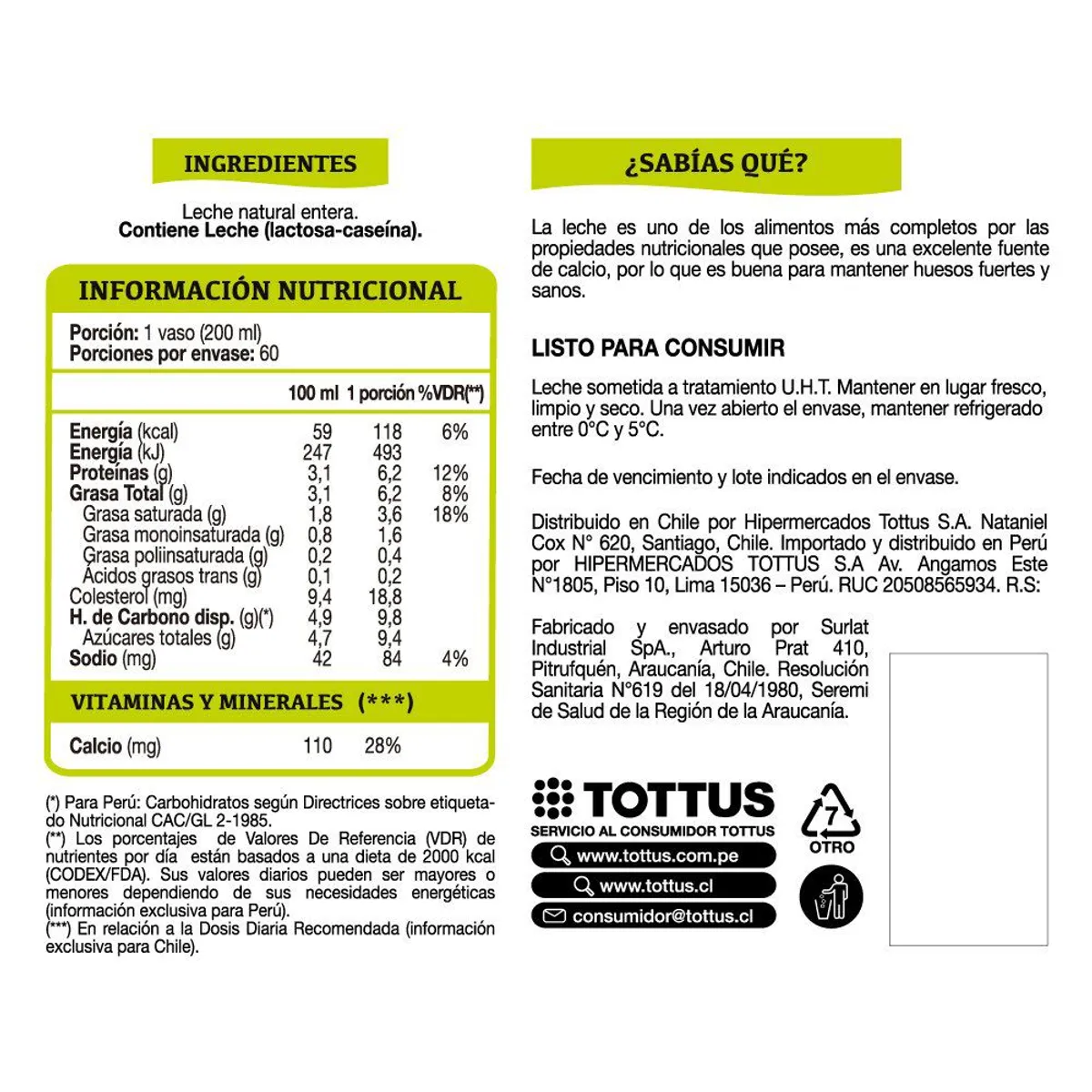 TOTTUS - Pack Leche Entera Natural Tottus 12 x 1 L