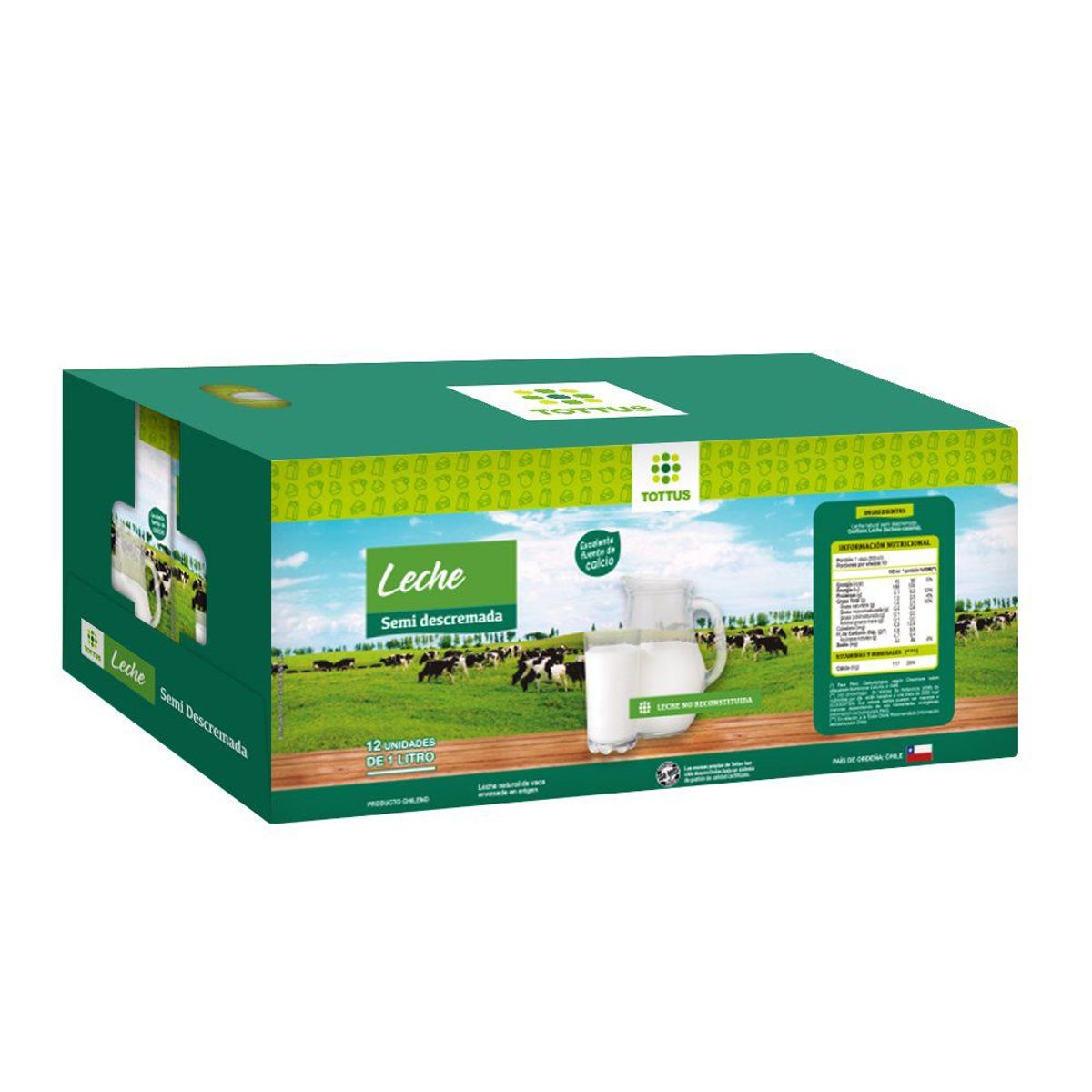 TOTTUS - Pack Leche Semi Descremada Natural Tottus 12 x 1 L