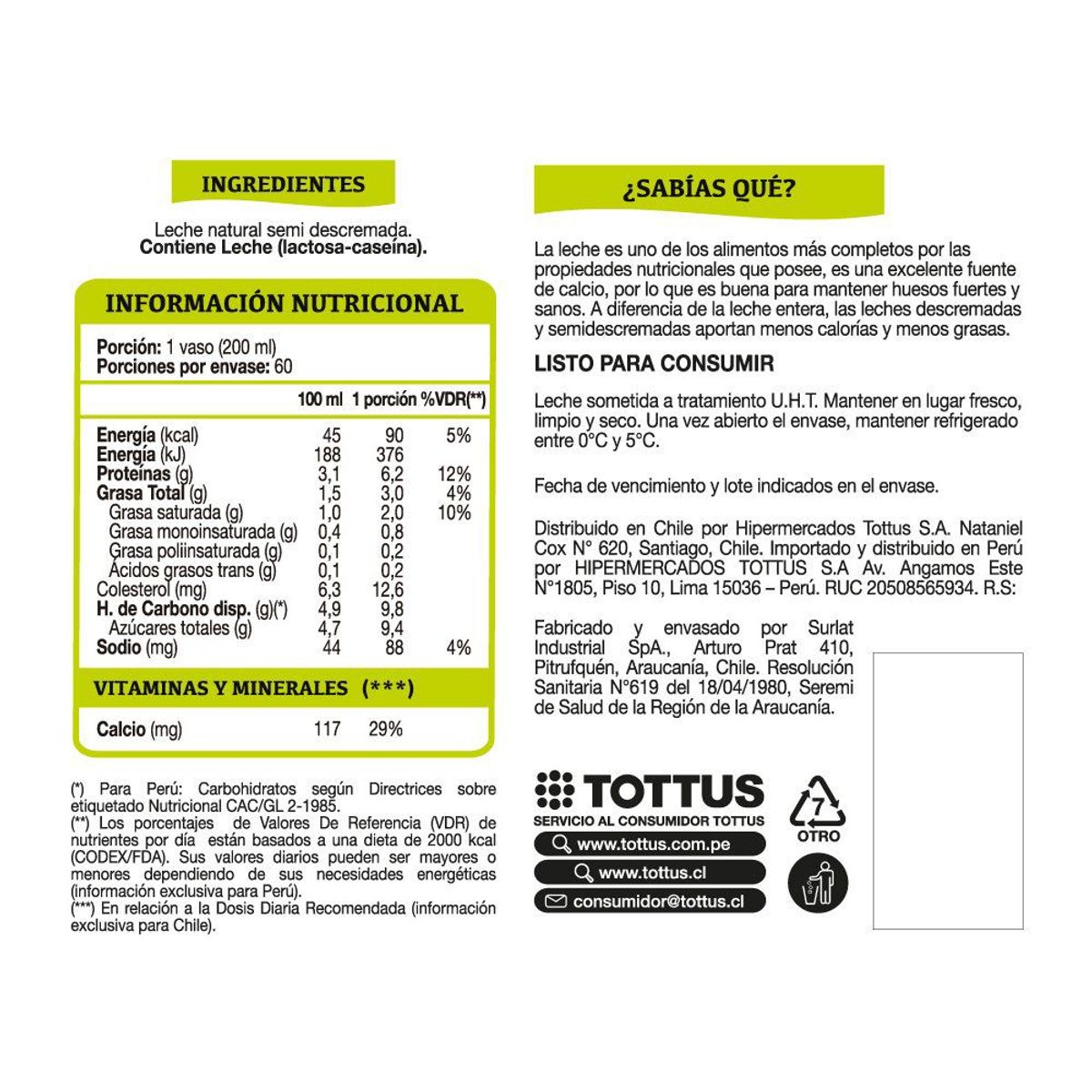 TOTTUS - Pack Leche Semi Descremada Natural Tottus 12 x 1 L