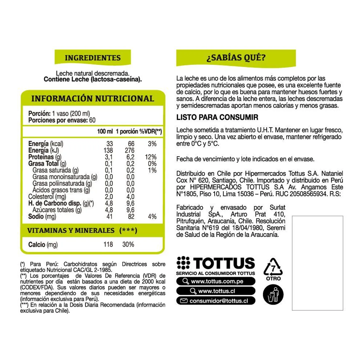 TOTTUS - Pack Leche Descremada Natural Tottus 12 x 1 L