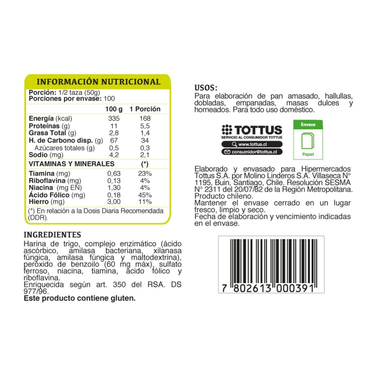 TOTTUS - Harina de Trigo sin Polvo de Hornear Tottus 5 Kg