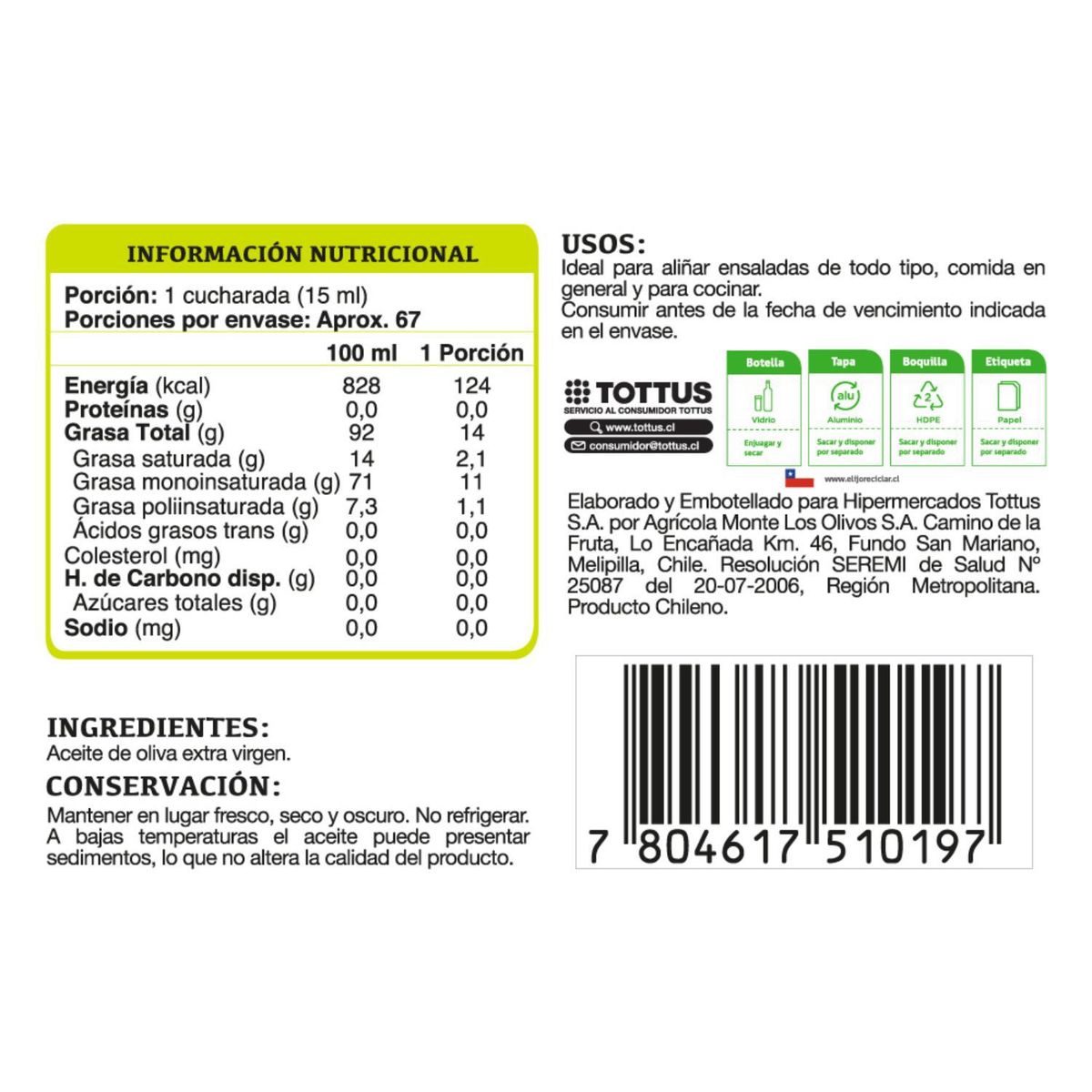 TOTTUS - Aceite de Oliva Extra Virgen Tottus 1 L