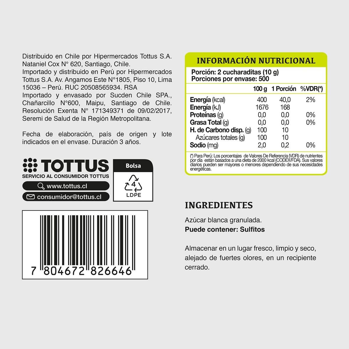 TOTTUS - Azúcar Blanca Granulada Tottus 5 Kg