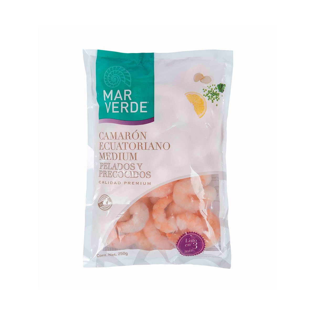 MAR VERDE - Camarón Ecuatoriano Mediano Pelado, Precocido y Sin Cola Mar Verde 250 g