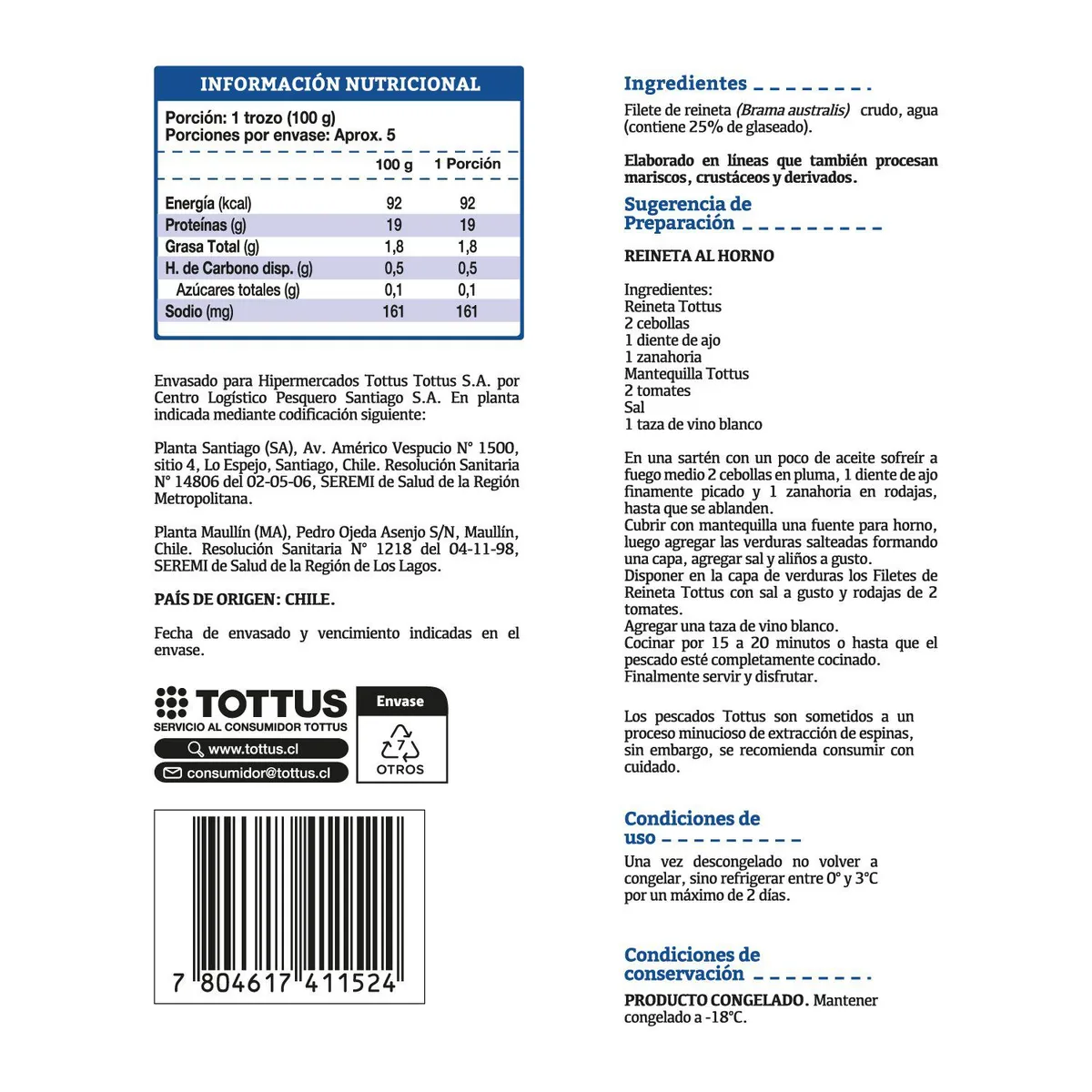 TOTTUS - Filetes de Reineta Sin Piel Congelados Tottus 500 g