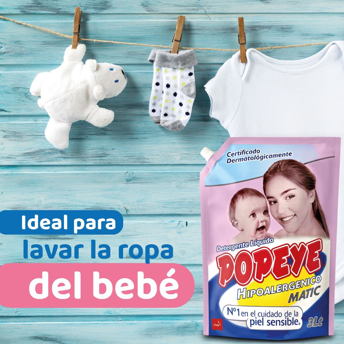 POPEYE - Detergente Líquido Doypack Hipoalergénico Bebé Popeye 3 lt