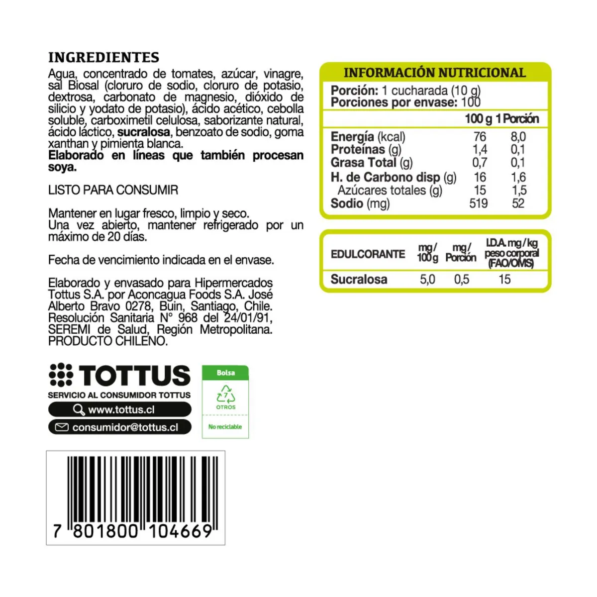 TOTTUS - Ketchup Tottus Doypack 1 Kg