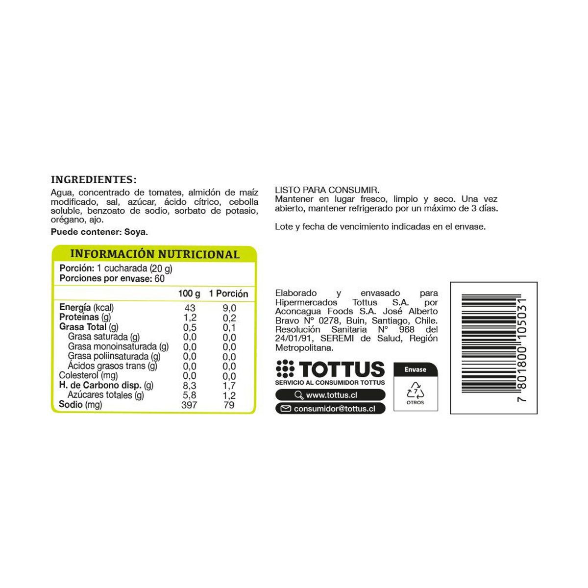 TOTTUS - Pack Salsa de Tomate Italiana Tottus 6 x 200 g
