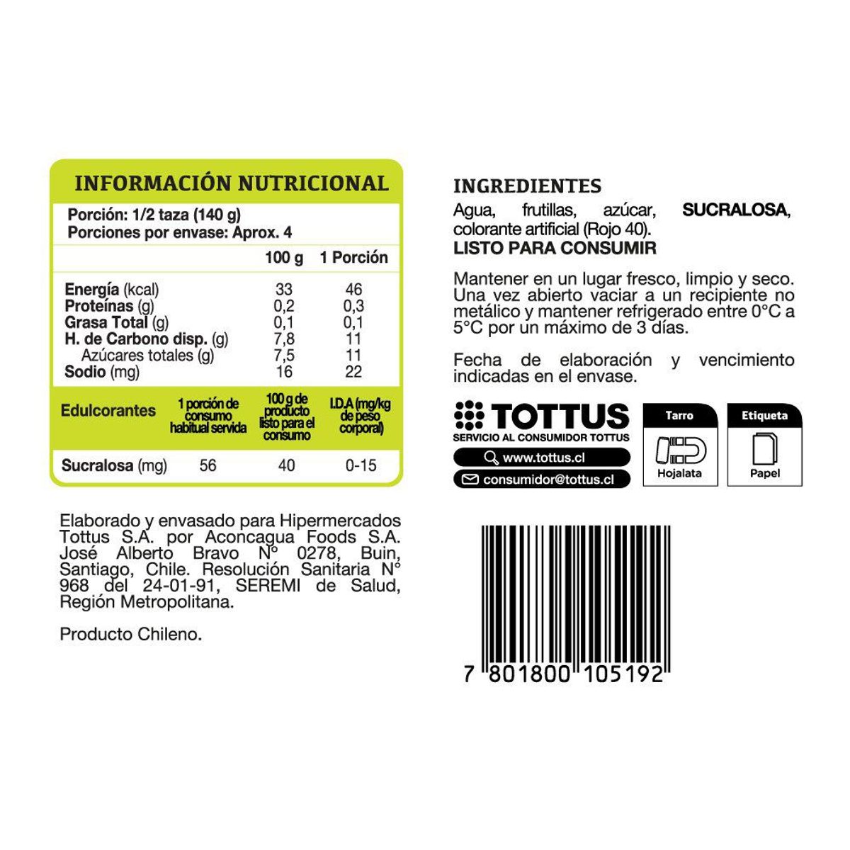 TOTTUS - Frutillas Enteras en Almíbar Tottus 570 g