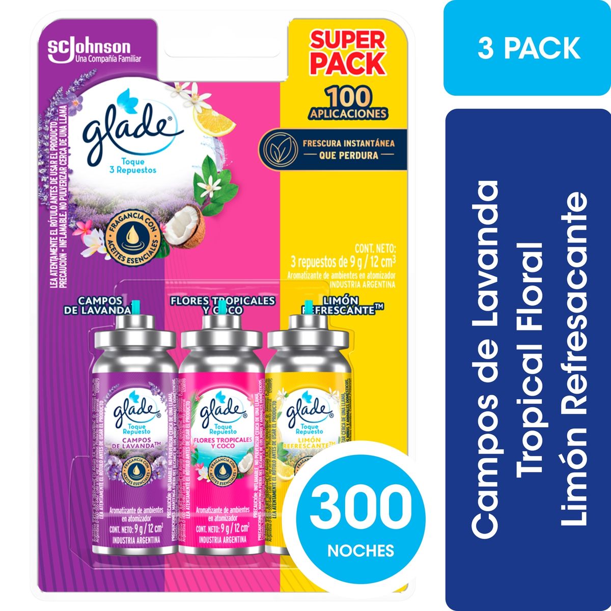 GLADE - Pack Repuesto Desodorante Ambiental Glade Toque Lavanda, Floral y Limón 3 x 9 g